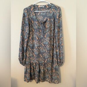Melrose and Market Slate Blue Floral Long-Sleeve Ruffle Hem Dress